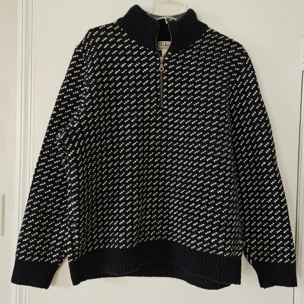 LL Bean Mens Sweater L VTG Birdseye Norway Fisherman 1/4 Zip Pullover Wool Thick